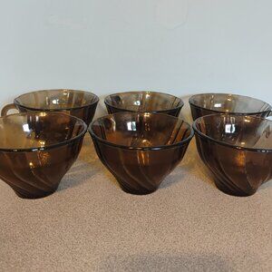 Vereco France Smoky Brown Swirl Pattern Tea Cups, set of 5